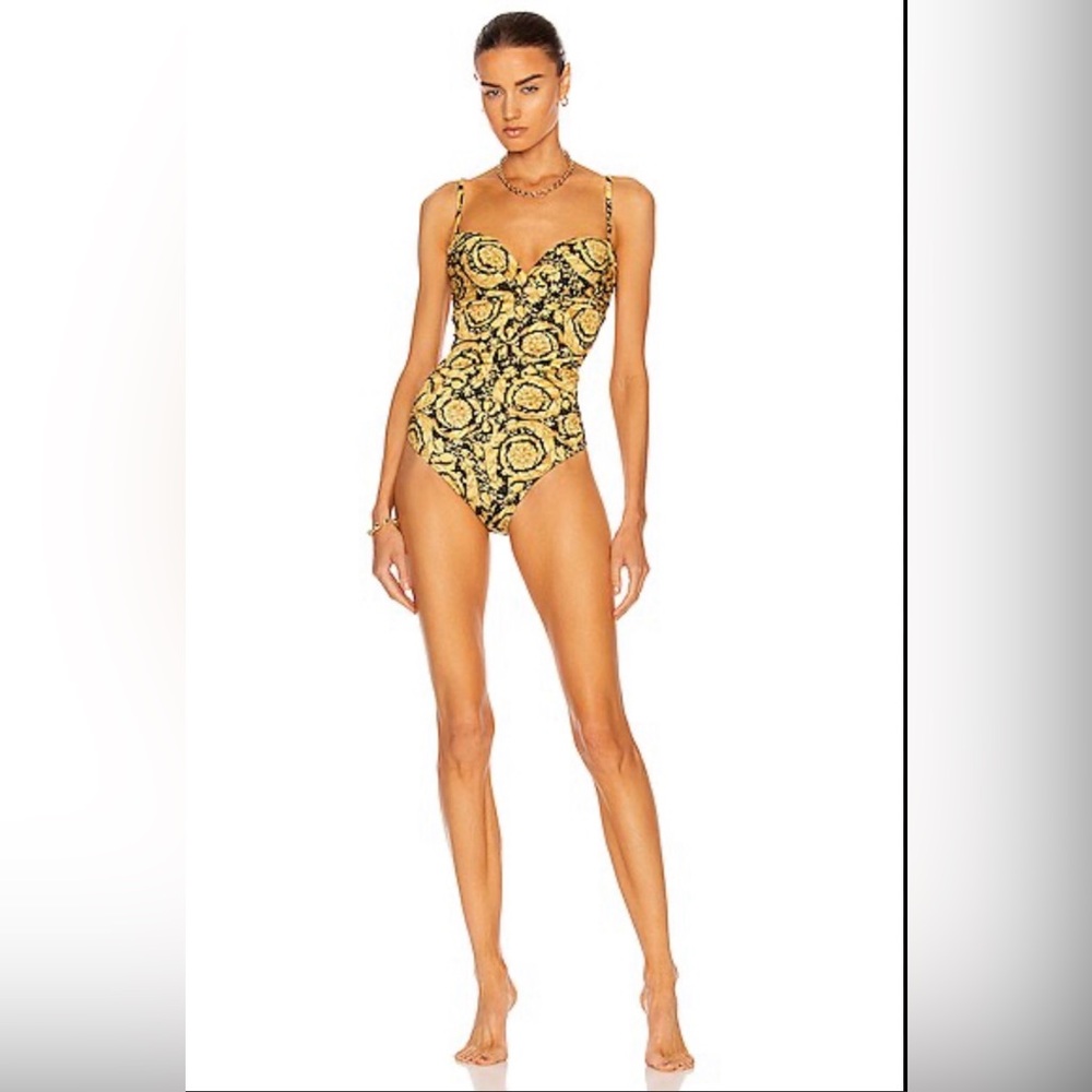 NWT Versace Baroque One Piece Swimsuit Black & Gold Medusa Print Size 2 (Small)💛